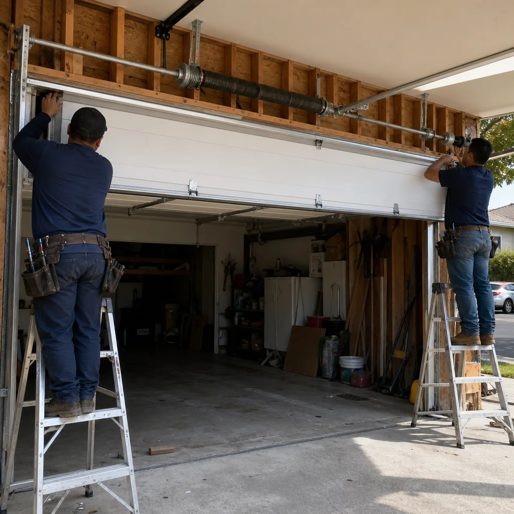 Two technicians professionally installing a new sectional garage door
