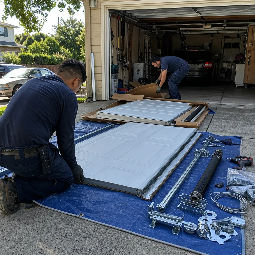 Technicians preparing parts for professional residential garage door installation