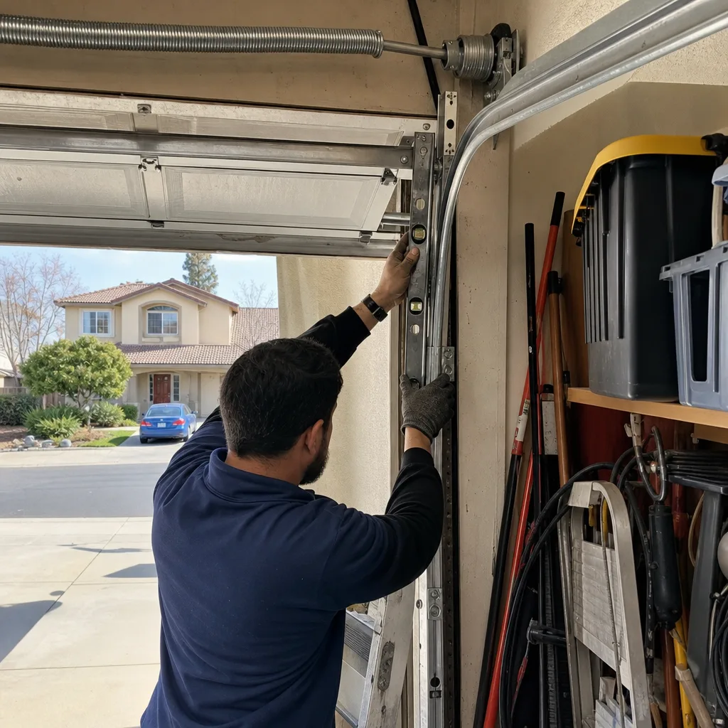 Technician leveling a garage door track during professional repair services