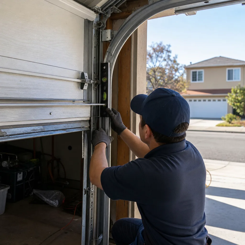 Technician using a level to repair garage door track alignment