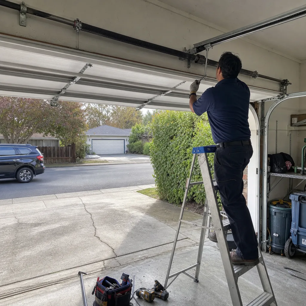 Technician performing professional garage door spring repair and maintenance